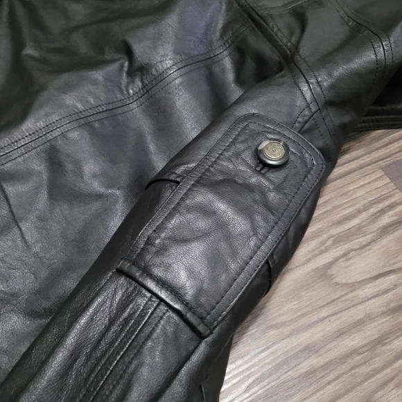 Vintage 90’s Pelle Club Hooded Black Genuine Leather Jacket M Mobwife Heavy - Picture 7 of 11